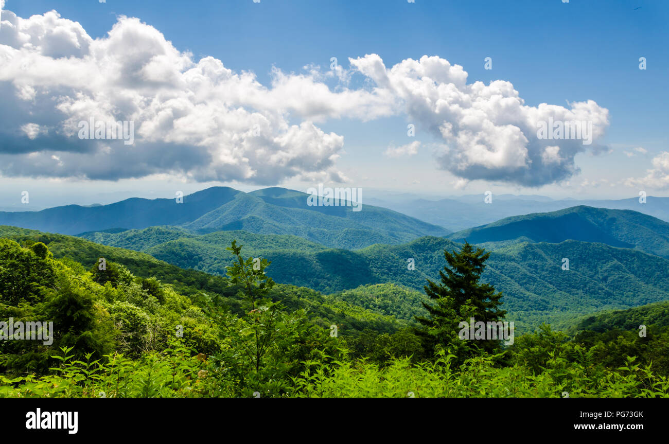 Blue Ridge Mountains North Carolina, USA. Beautiful scenic mountain range with dramatic clouds. Scenic tourist travel destination for vacation. Stock Photo