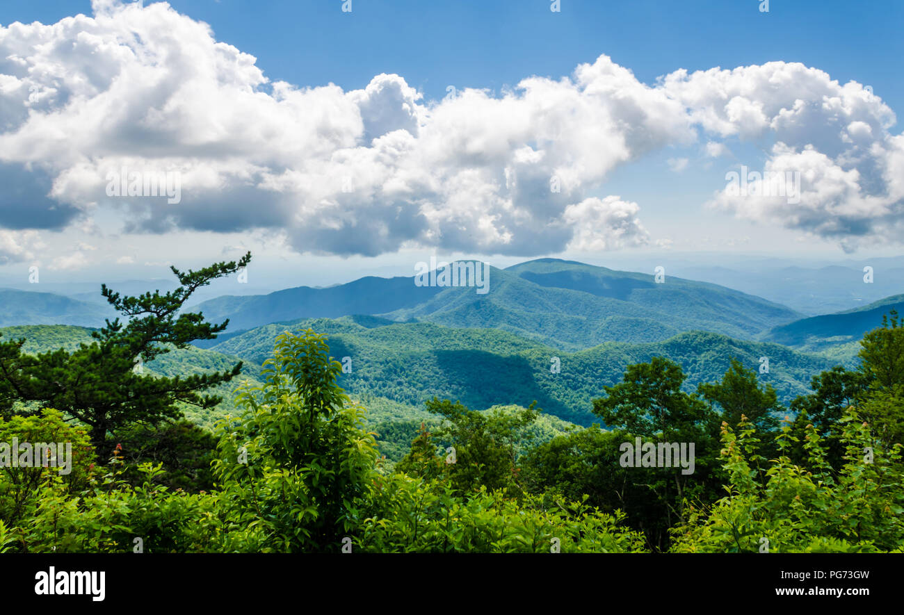 Blue Ridge Mountains North Carolina, USA. Beautiful scenic mountain range with dramatic clouds. Scenic tourist travel destination for vacation. Stock Photo