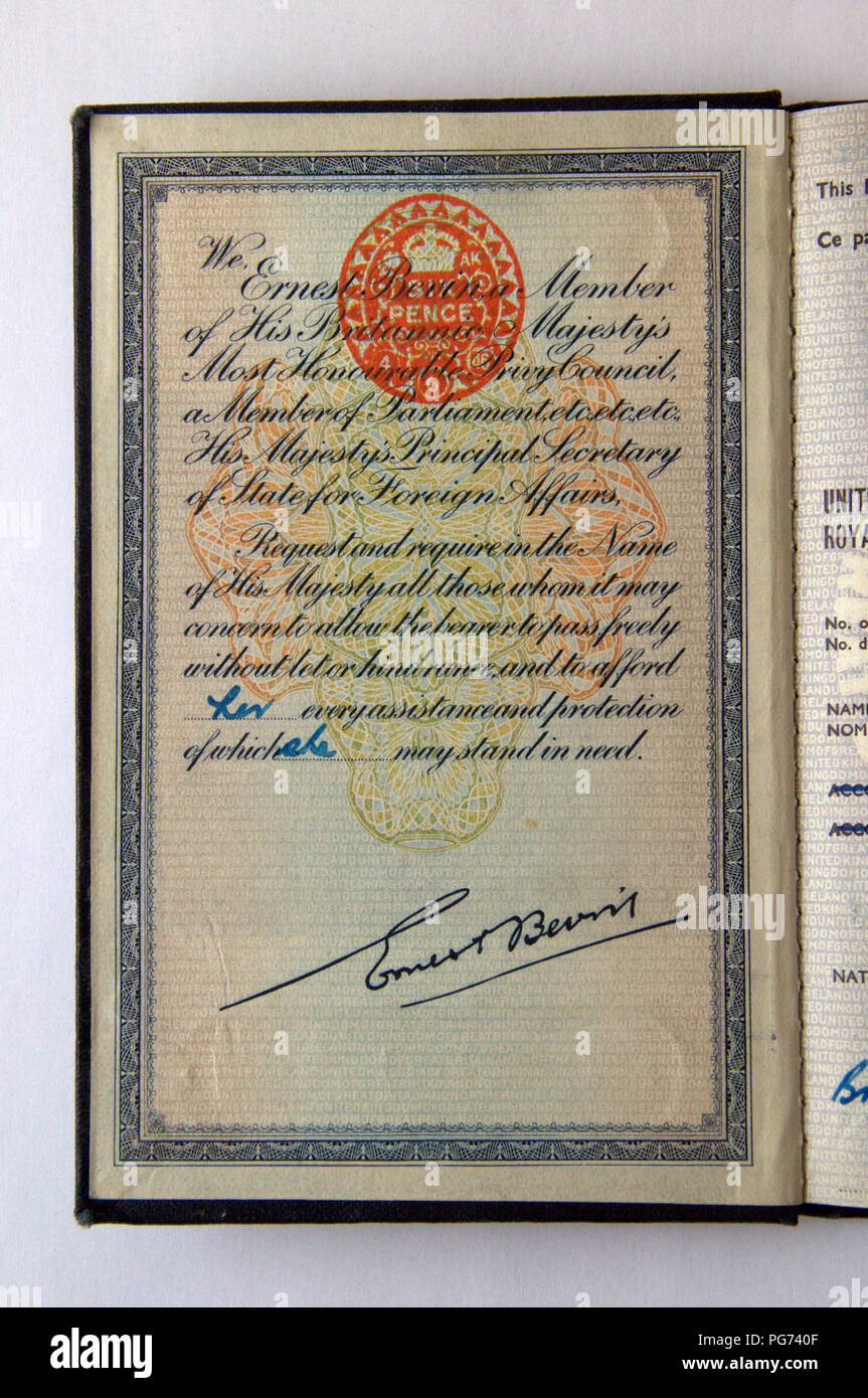 First page of old style, blue British passport Stock Photo