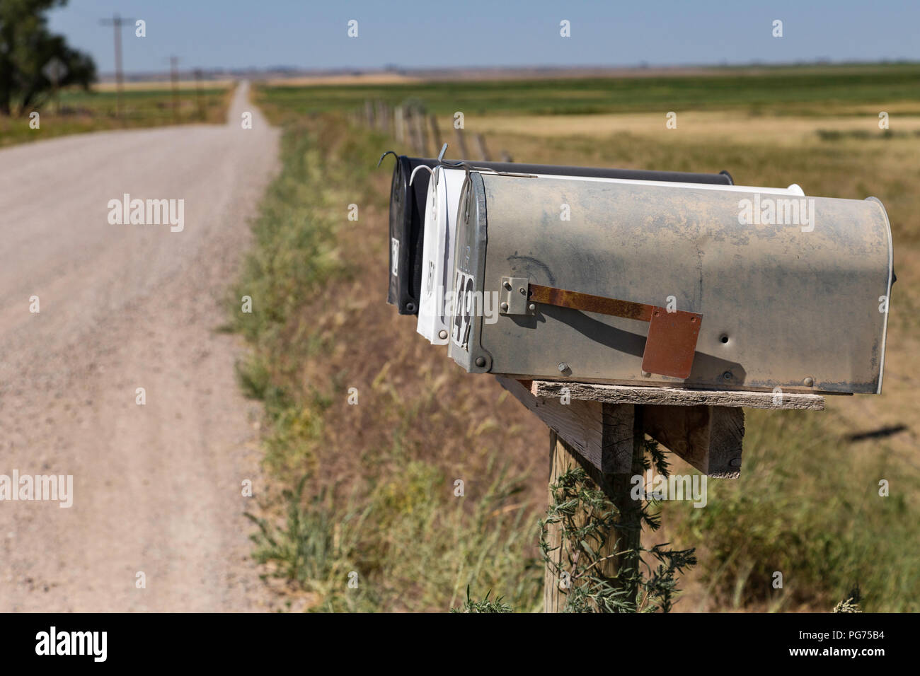 Mailboxes on Rural Unpaved Road in Montana, USA Stock Photo