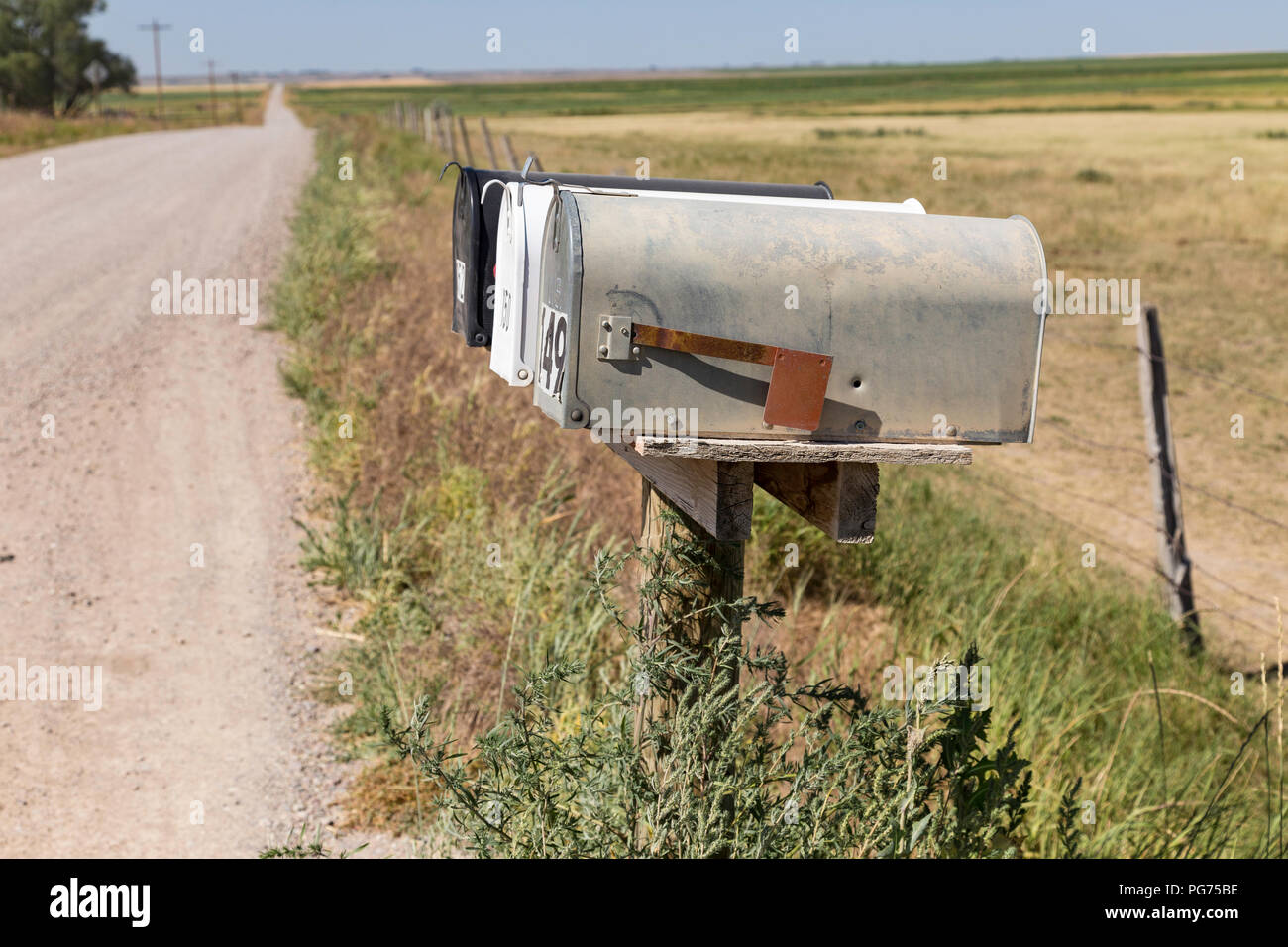 Mailboxes on Rural Unpaved Road in Montana, USA Stock Photo
