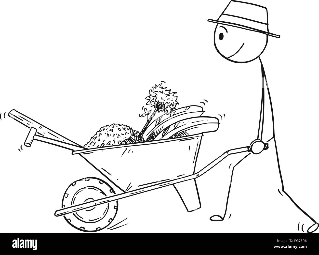 Cartoon of Gardener Going to Plant a Tree and Pushing Wheelbarrow With Equipment Stock Vector
