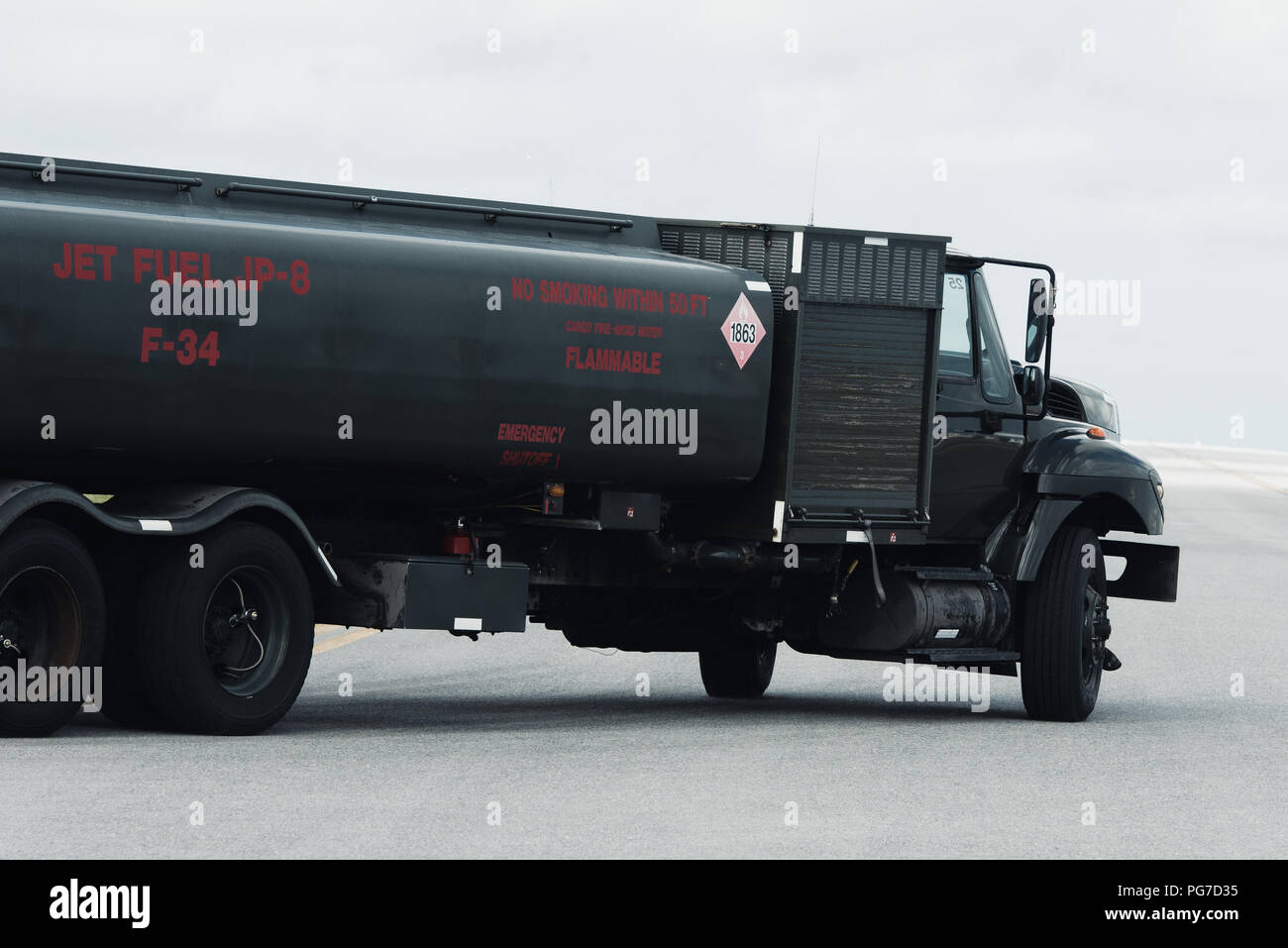 A jet fuel truck from the 18th Logistics Readiness Squadron positions