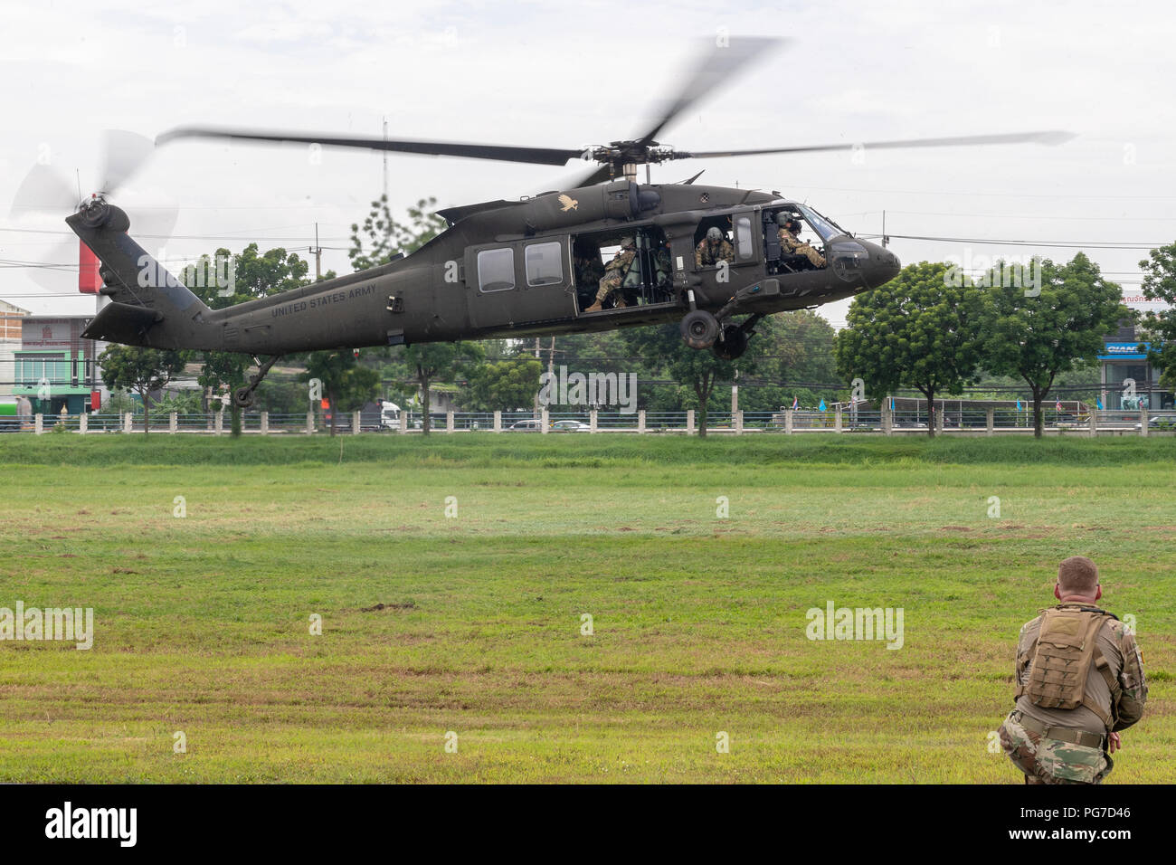 U.S. Army, National Guard, and Royal Thai Army Soldiers rehearse air assault operations in preparation for future combined training missions during Hanuman Guardian 18, Aug. 22, at the Royal Thai Army’s Cavalry Center in Thailand’s Saraburi province. Hanuman Guardian is a cooperative exercise that strengthens capabilities and builds interoperability between U.S. and Royal Thai Army forces. Stock Photo