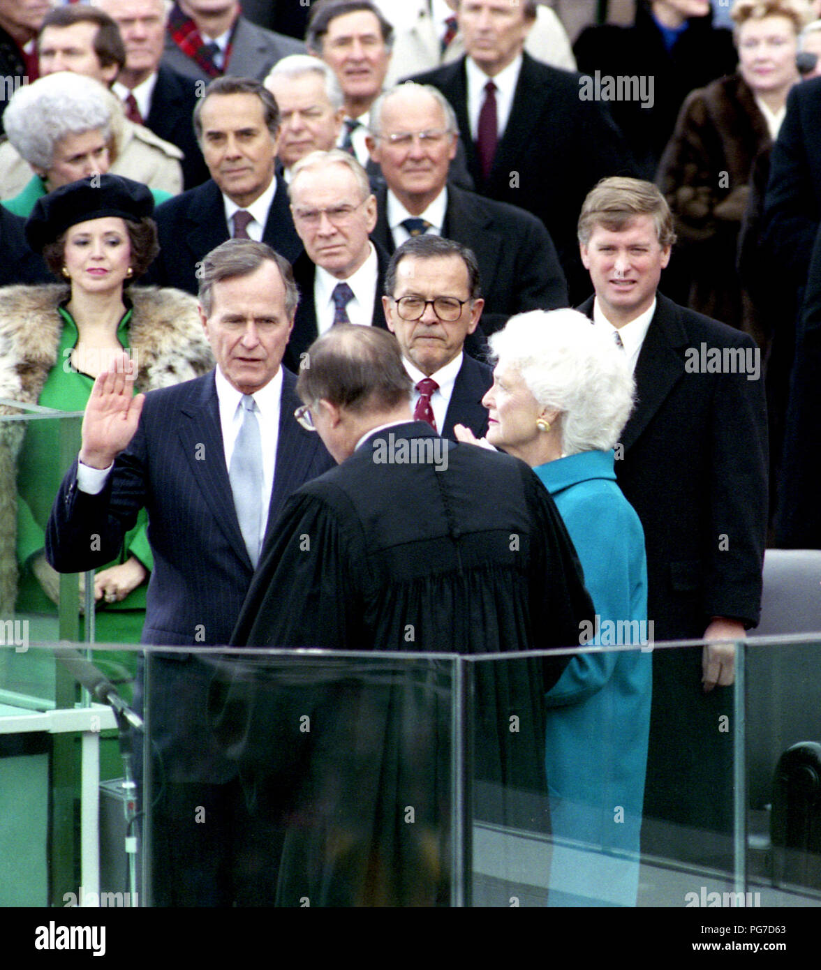At The West Front Of The U S Capitol Vice President George Herbert Walker Bush Takes The Oath Of Office And Becomes The 41st President Of The United States Stock Photo Alamy