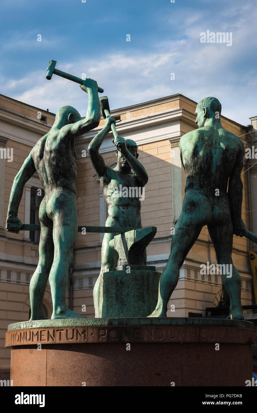 Helsinki Finland, the famous statue titled 'The Three Smiths' sited between Aleksanterinkatu and Mannerheimintie in Helsinki city center, Finland. Stock Photo