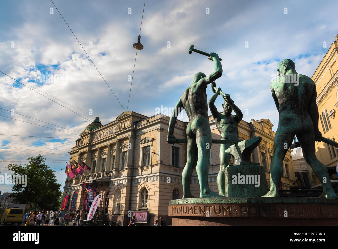 Helsinki Finland, the famous statue titled 'The Three Smiths' sited between Aleksanterinkatu and Mannerheimintie in Helsinki city center, Finland. Stock Photo