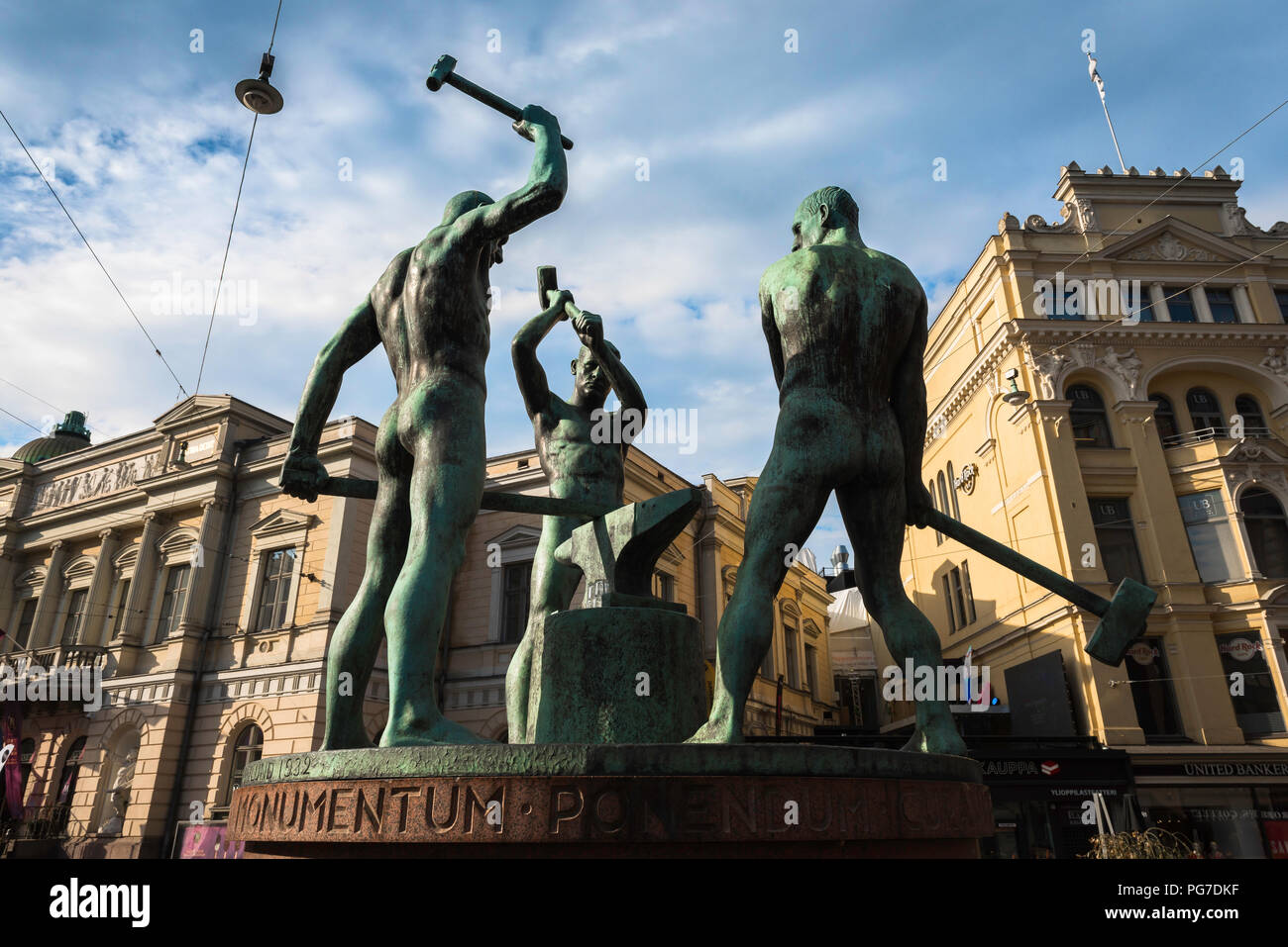 Helsinki statue, the famous statue titled 'The Three Smiths' sited between Aleksanterinkatu and Mannerheimintie in Helsinki city center, Finland. Stock Photo