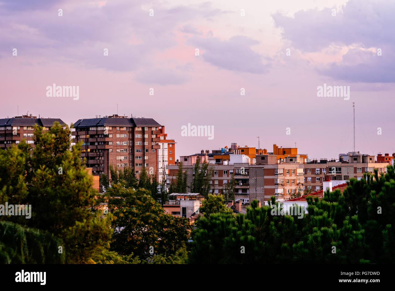 Cityscape of residential area of Madrid at sunset. Arturo Soria quarter Stock Photo
