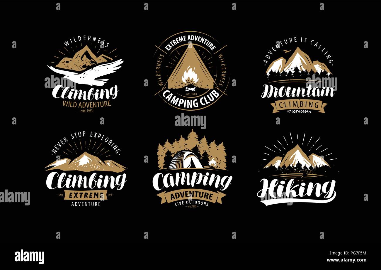 Climbing, camping logo or emblem. Hiking label set. Vintage vector Stock Vector