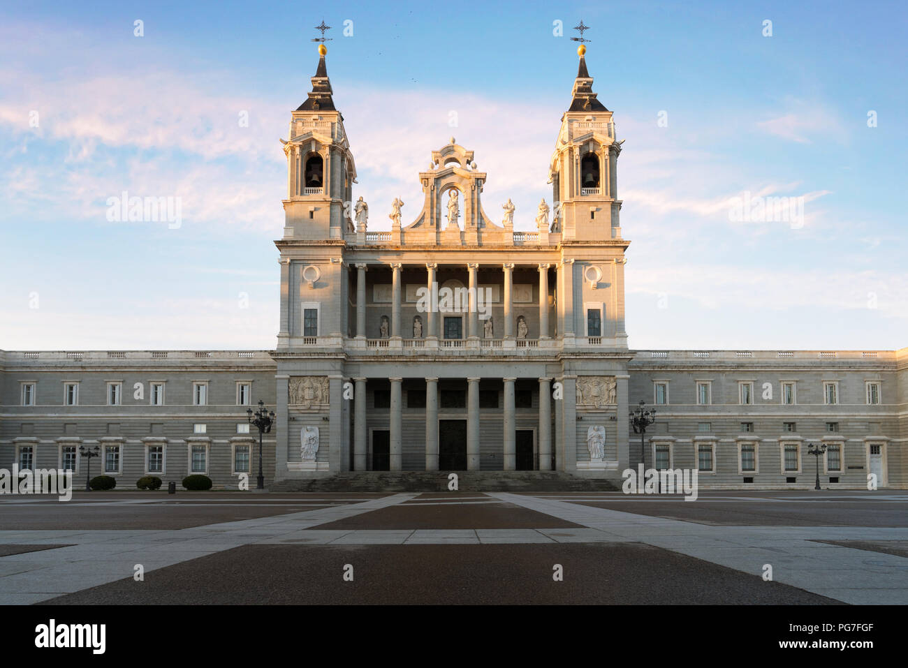 Madrid. Image of Madrid skyline with Santa Maria la Real de La Almudena Cathedral and the Royal Palace during sunrise. Stock Photo