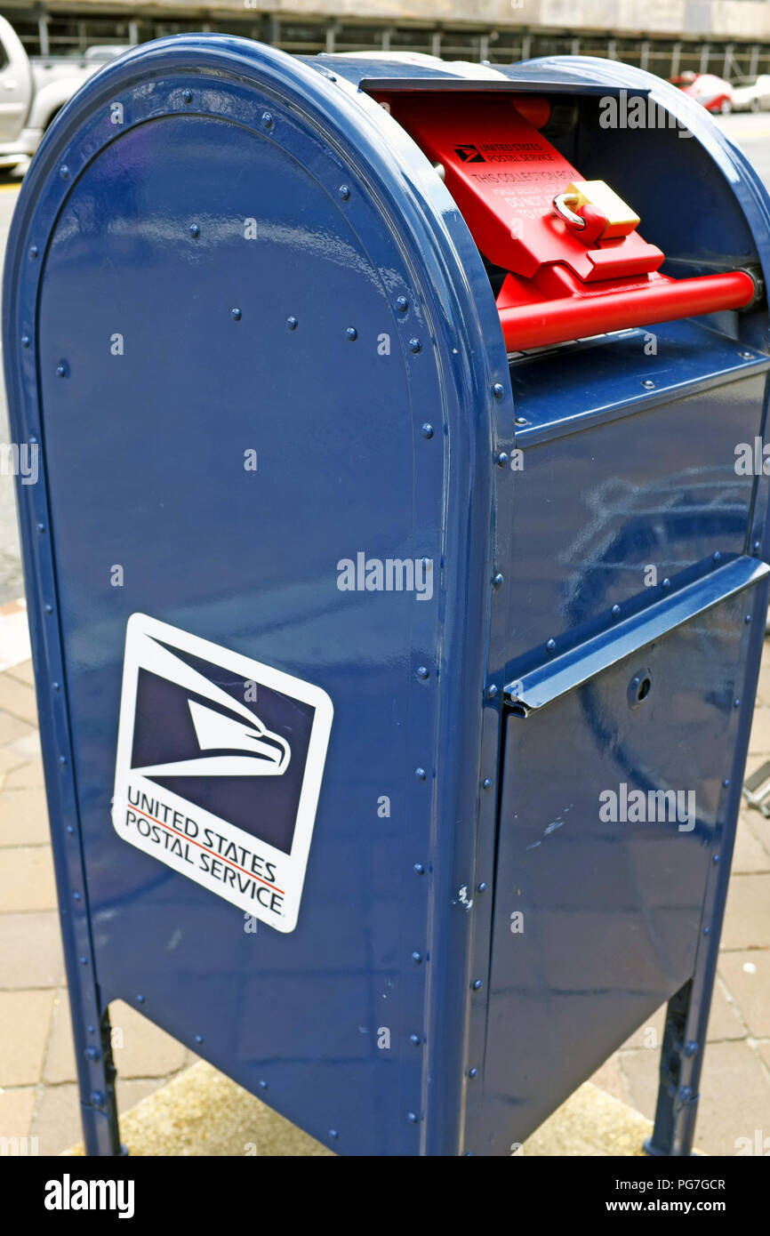 A streetside United States Postal Service mail collection box is locked prior to protests in Washington, D.C. Stock Photo