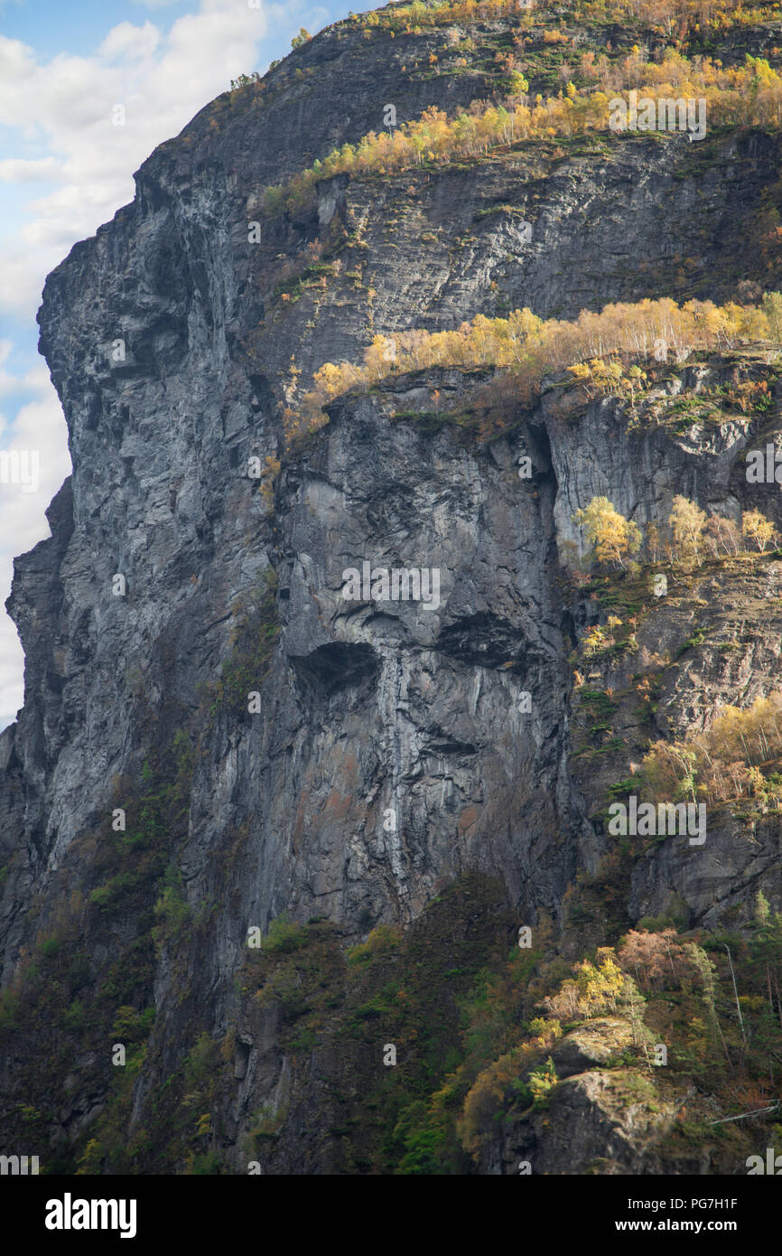 Troll Face on a Cliff of the Geirangerfjord, More og Romsdal, Norway. Stock Photo