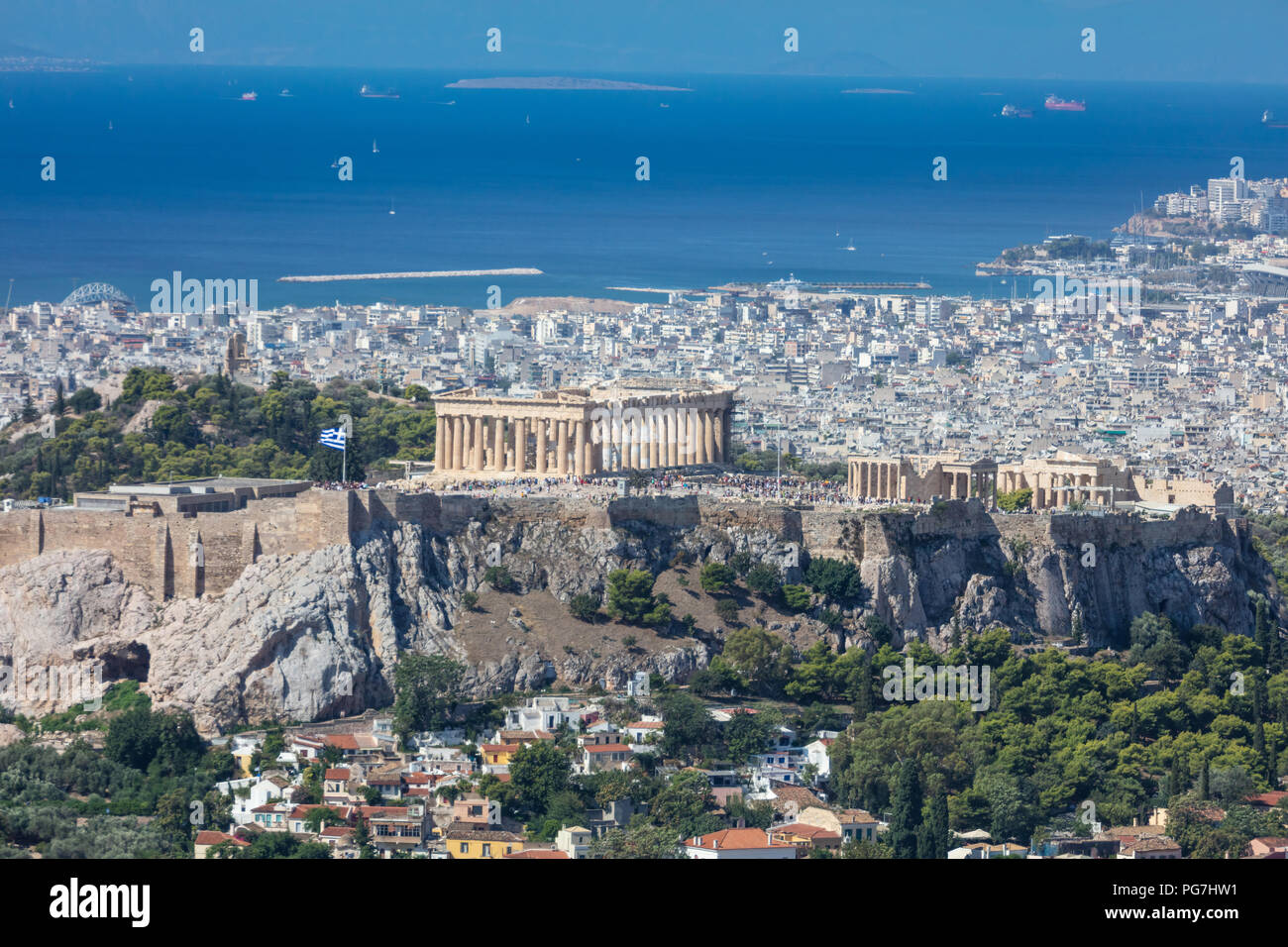 Panoramic aerial view of Acropolis of the city of Athens  in Greece, view from Lycabettus hill Stock Photo
