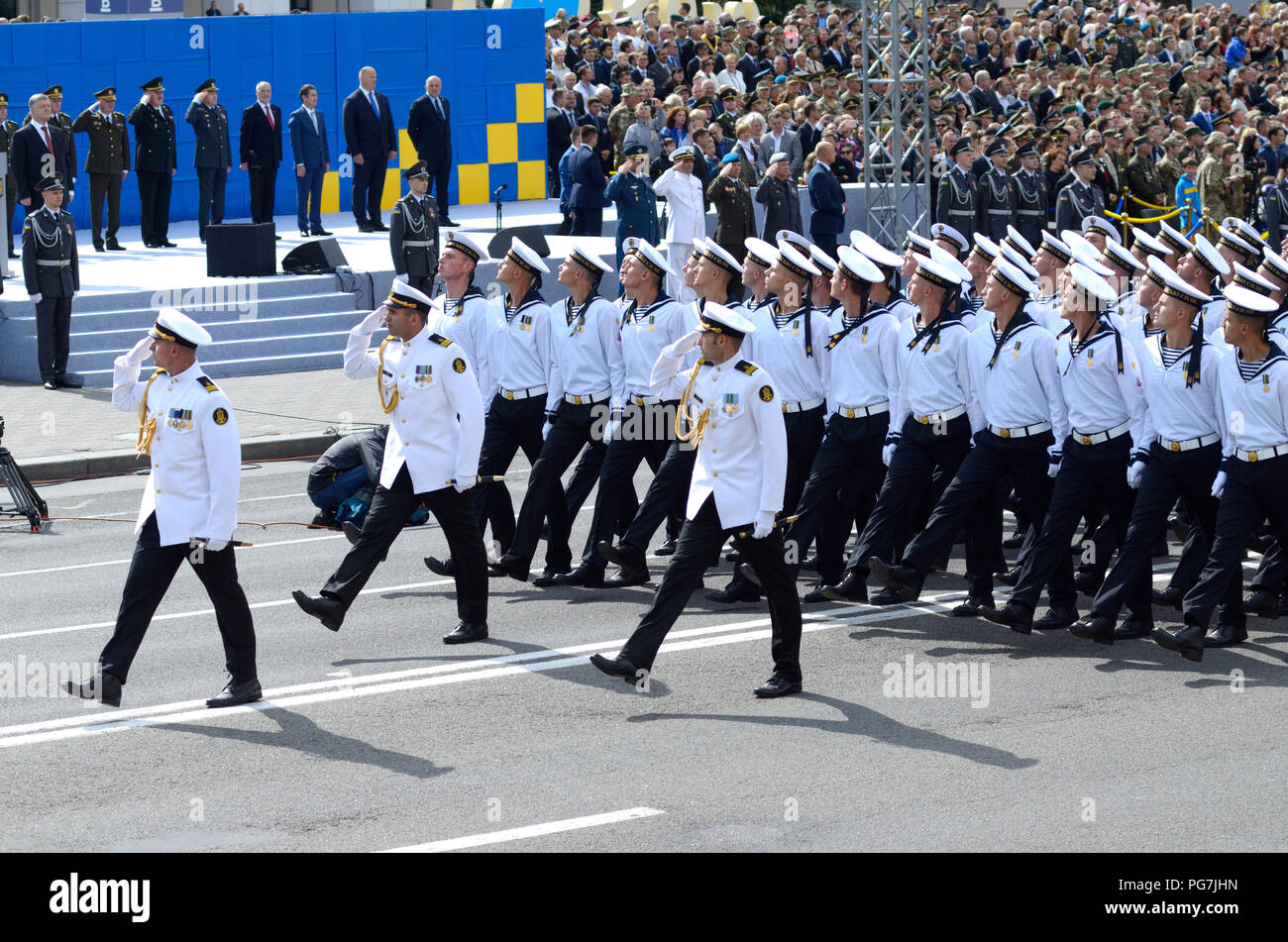 Ukrainian Navy men marching on a square during military parade dedicated to Day of Independence of Ukraine. August 24, 2017. Kiev, Ukraine Stock Photo