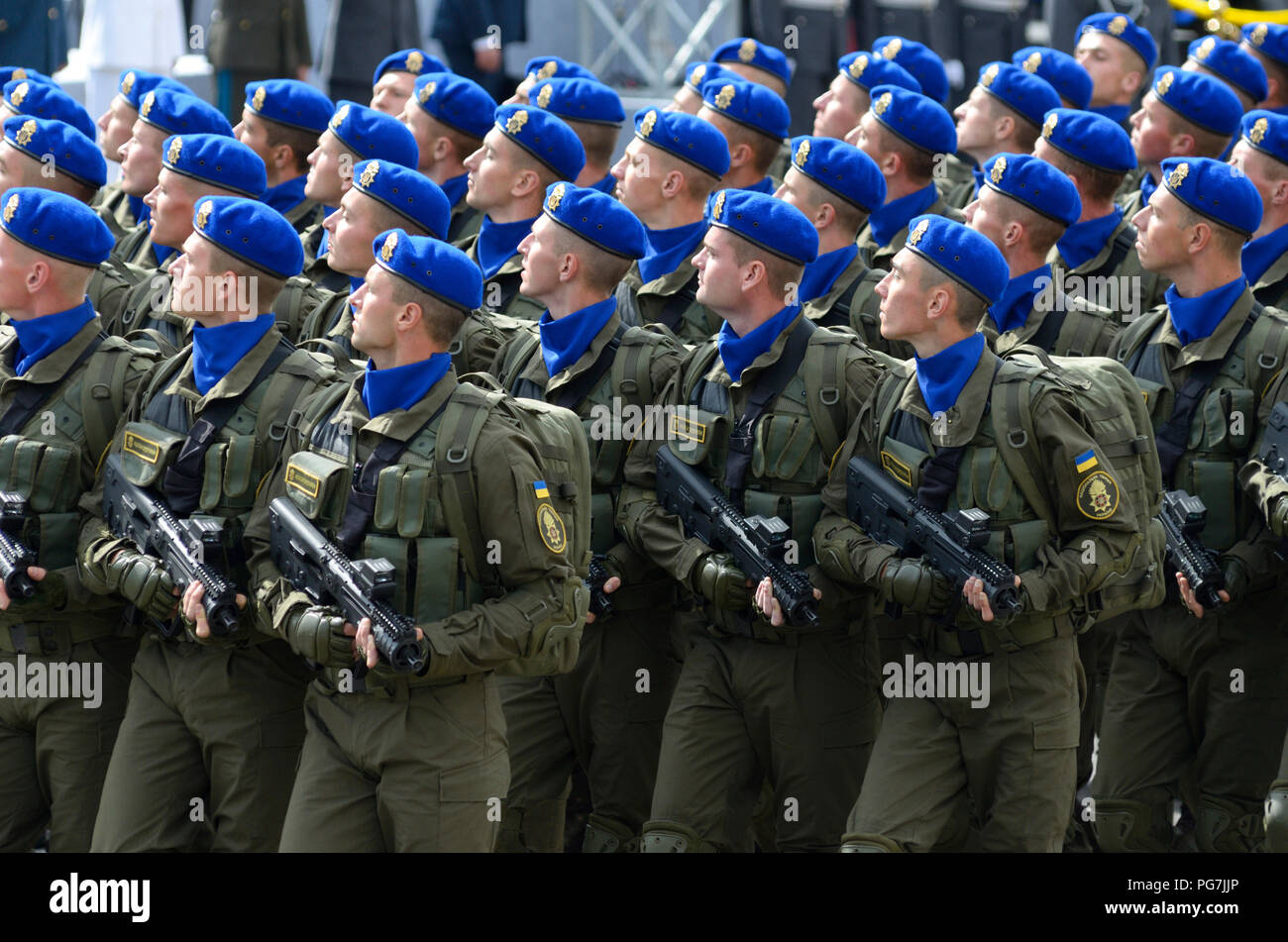 Ukrainian National guards marching on a square during military parade dedicated to Day of Independence of Ukraine. August 24, 2017. Kiev, Ukraine Stock Photo