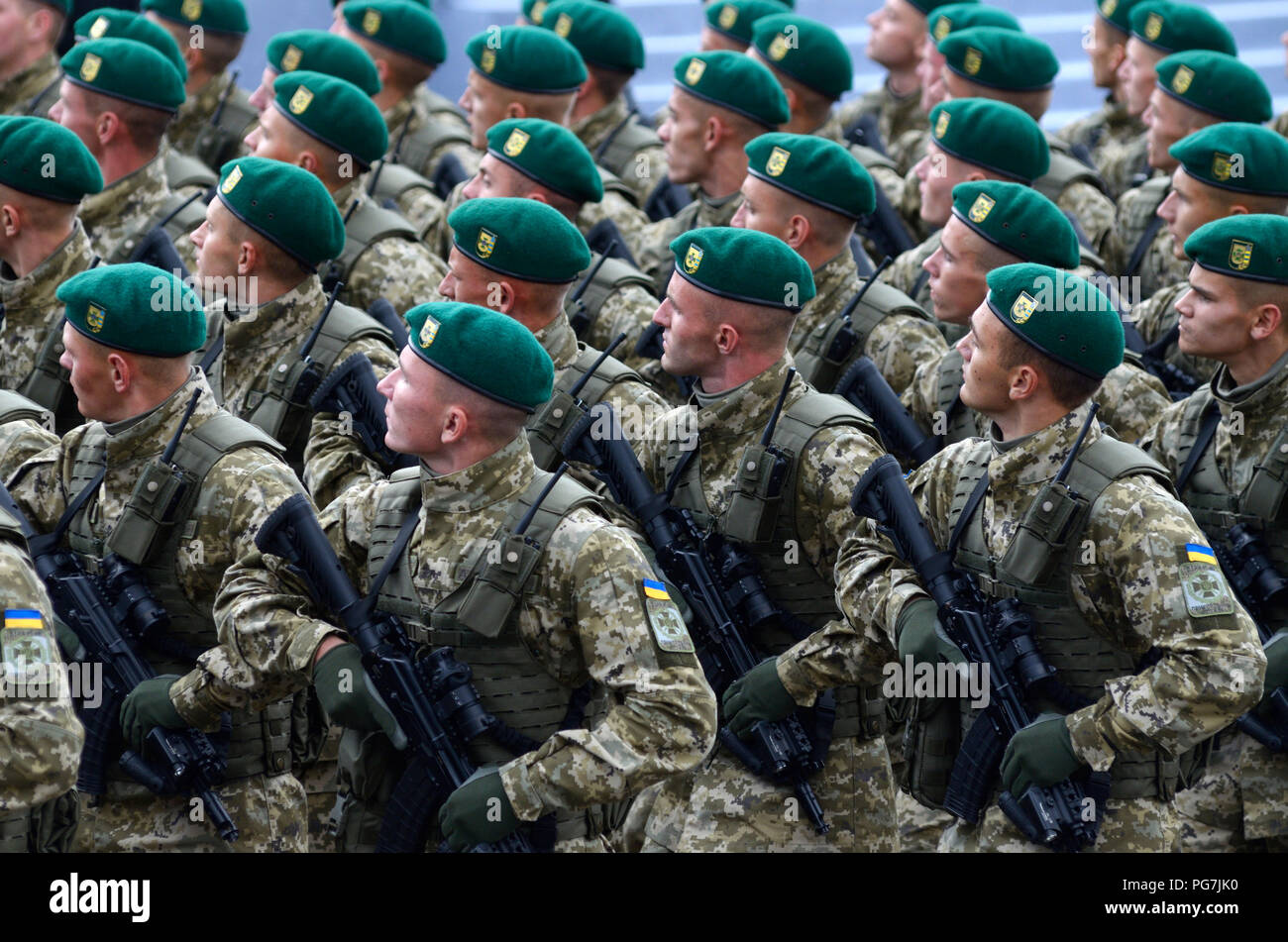 Ukrainian Border guards marching on a square during military parade dedicated to Day of Independence of Ukraine. August 24, 2017. Kiev, Ukraine Stock Photo