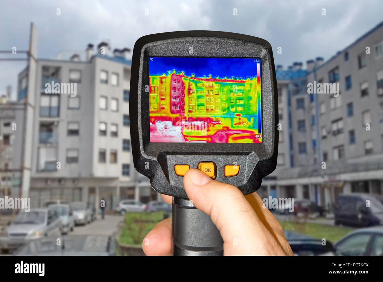 Detecting Heat Loss Outside building Using Infrared Thermal Camera Stock Photo