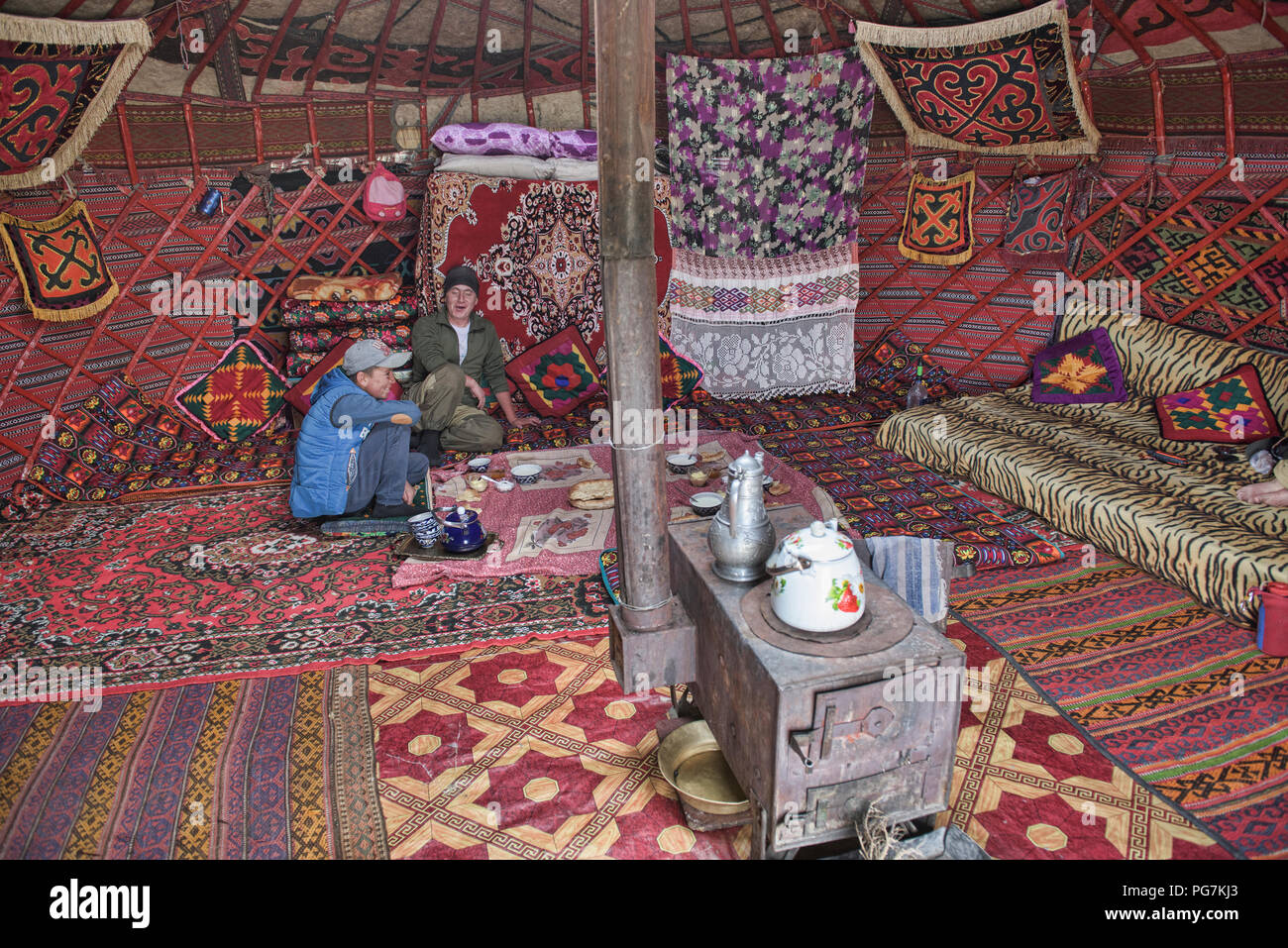 Interior of a Kyrgyz yurt, Kara Jilga, Tajikistan Stock Photo