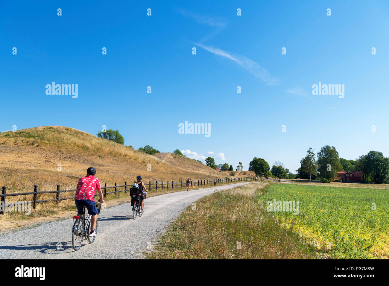 Family cycling past the historic royal burial mounds at Gamla Uppsala, Uppsala, Uppland, Sweden Stock Photo