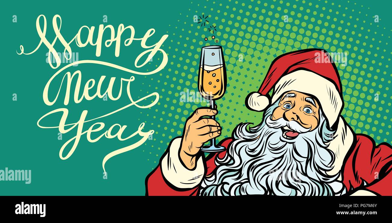pop art happy New Year. Santa Claus with champagne Stock Vector