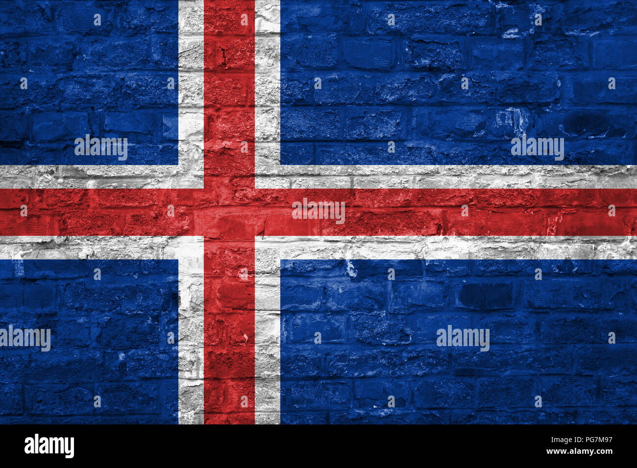 Flag of Iceland over an old brick wall background, surface Stock Photo ...