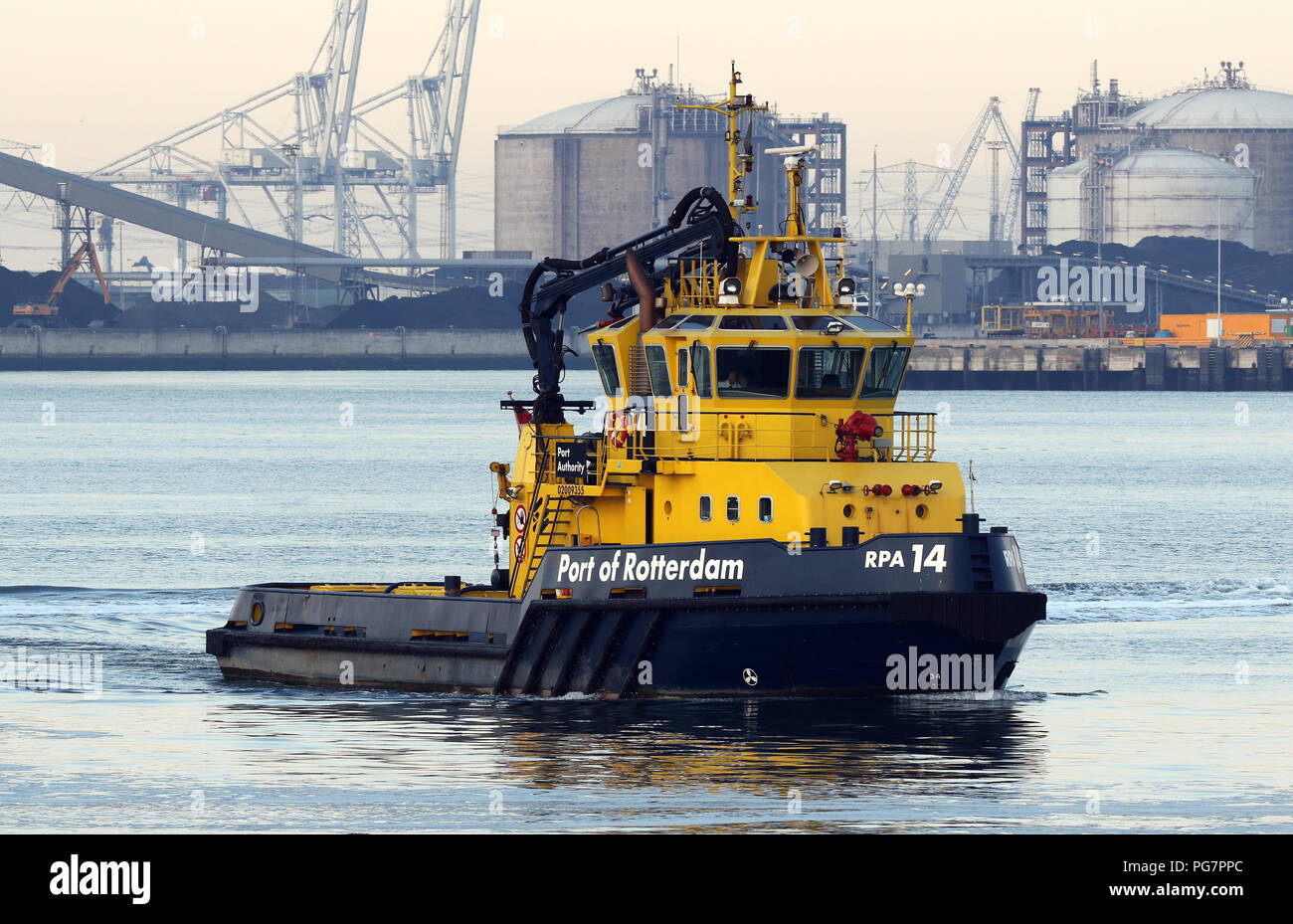 The patrol boat RPA 14 operates on 27 July 2018 in the port of Rotterdam. Stock Photo
