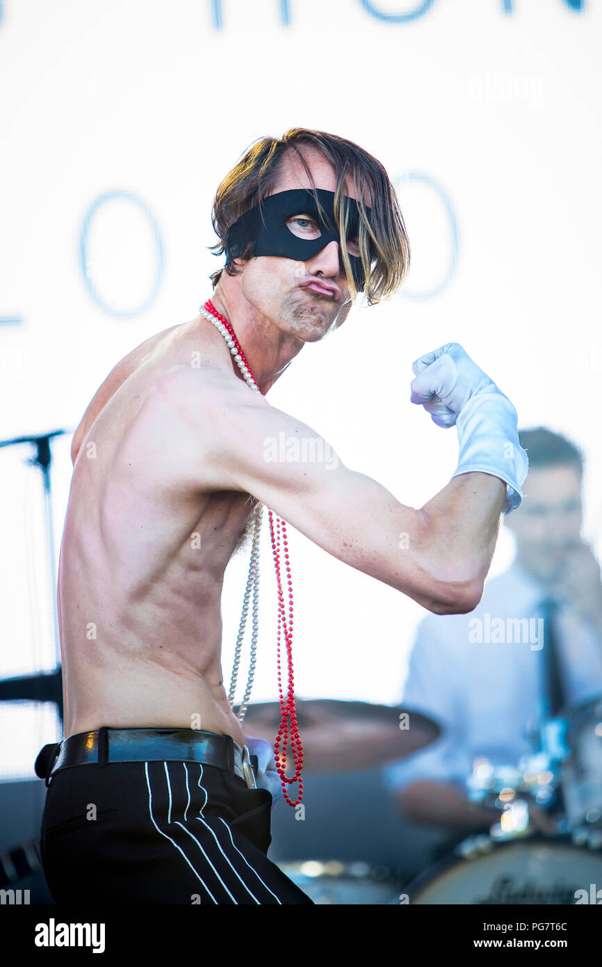 Norway, Uskedal - June 29, 2018. The Swedish indie rock band Bob Hund  performs a live concert during the Norwegian festival Festidalen 2018 in  Uskedalen. Here vocalist Thomas Oberg is seen live