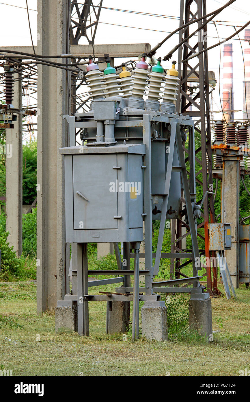 part of high-voltage substation with switches and disconnectors Stock Photo
