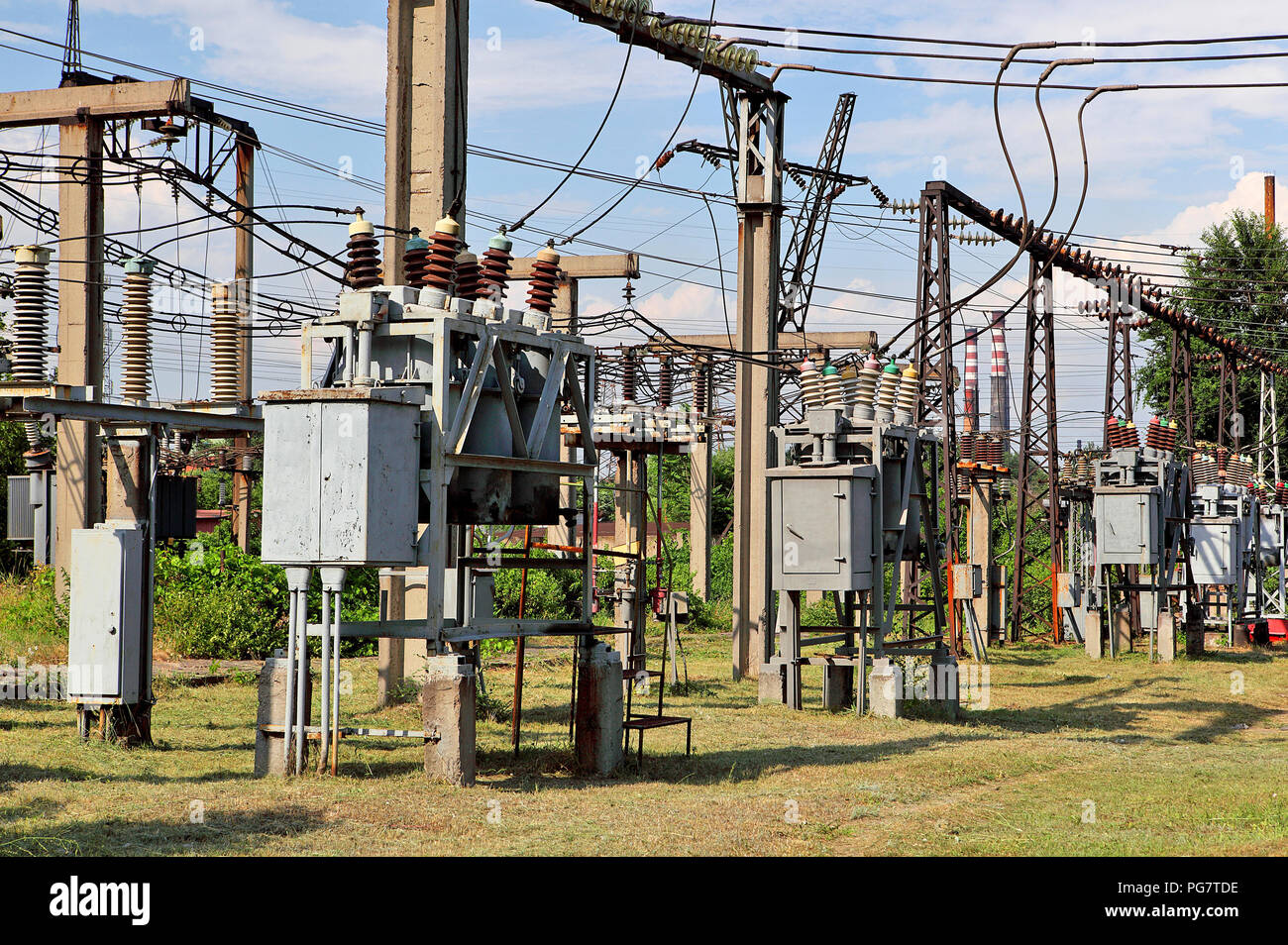 part of high-voltage substation with switches and disconnectors Stock Photo