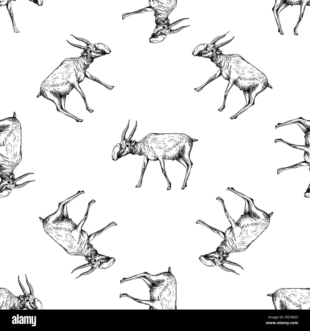Seamless pattern of hand drawn sketch style saiga antelopes isolated on ...