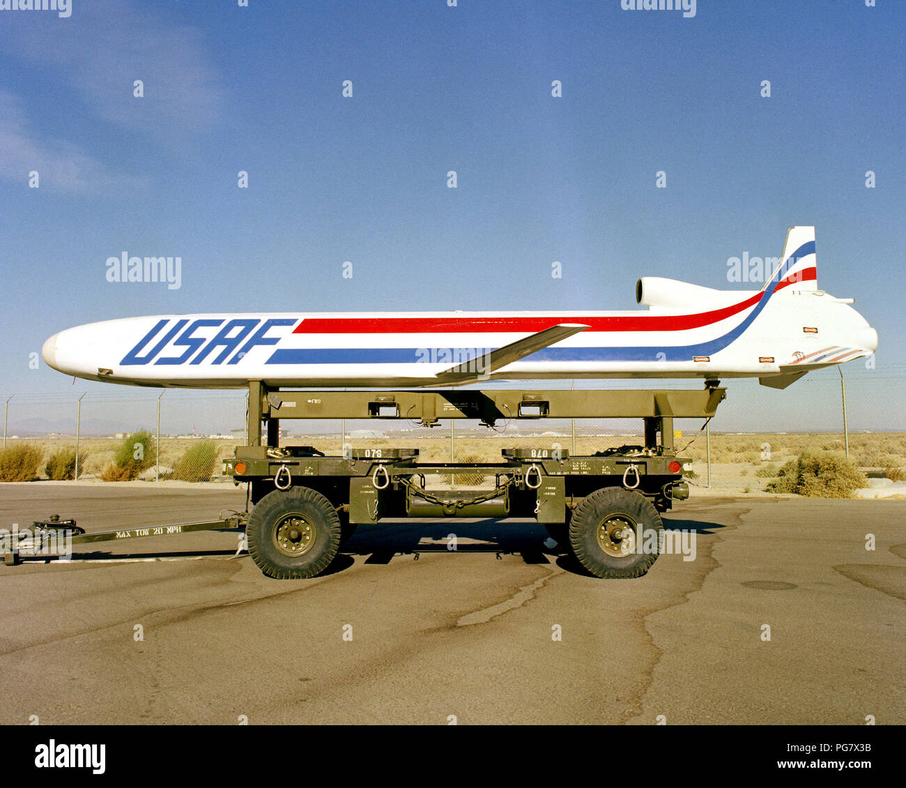 An air launched cruise missile sits on its trailer stock photo alamy