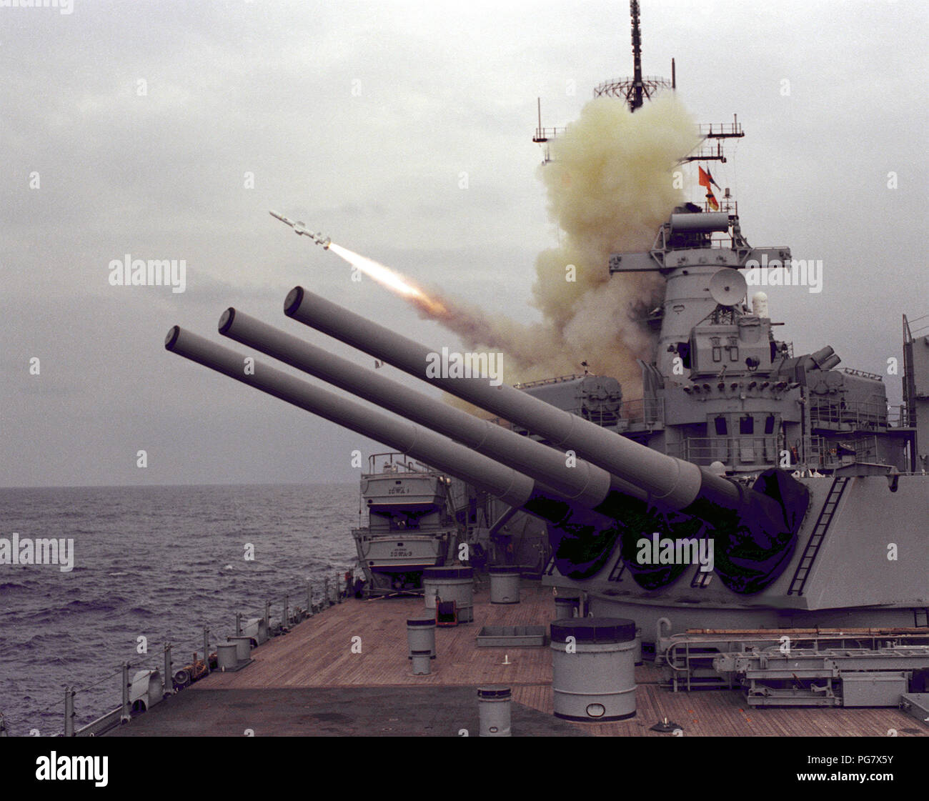The battleship USS IOWA (BB-61) launches a Harpoon anti-ship cruise missile during Fleet Exercise 2-86. Stock Photo