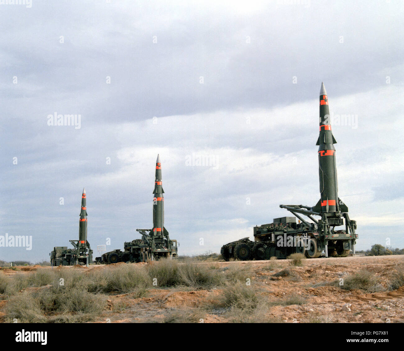 Several Pershing II missiles are prepared for launching at the McGregor Range. Stock Photo