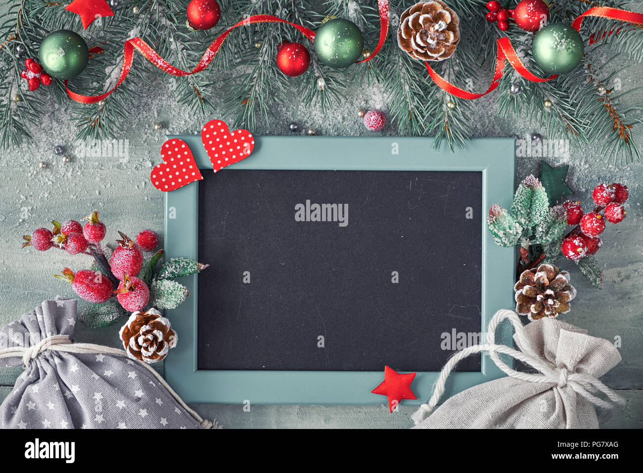 Decorated Dark Background With Red And Green Decorations And Fir
