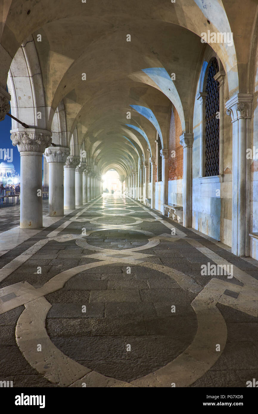 Ancient arches of Doge's Palace St. Marc Square in Venice, Italy early in the morning Stock Photo