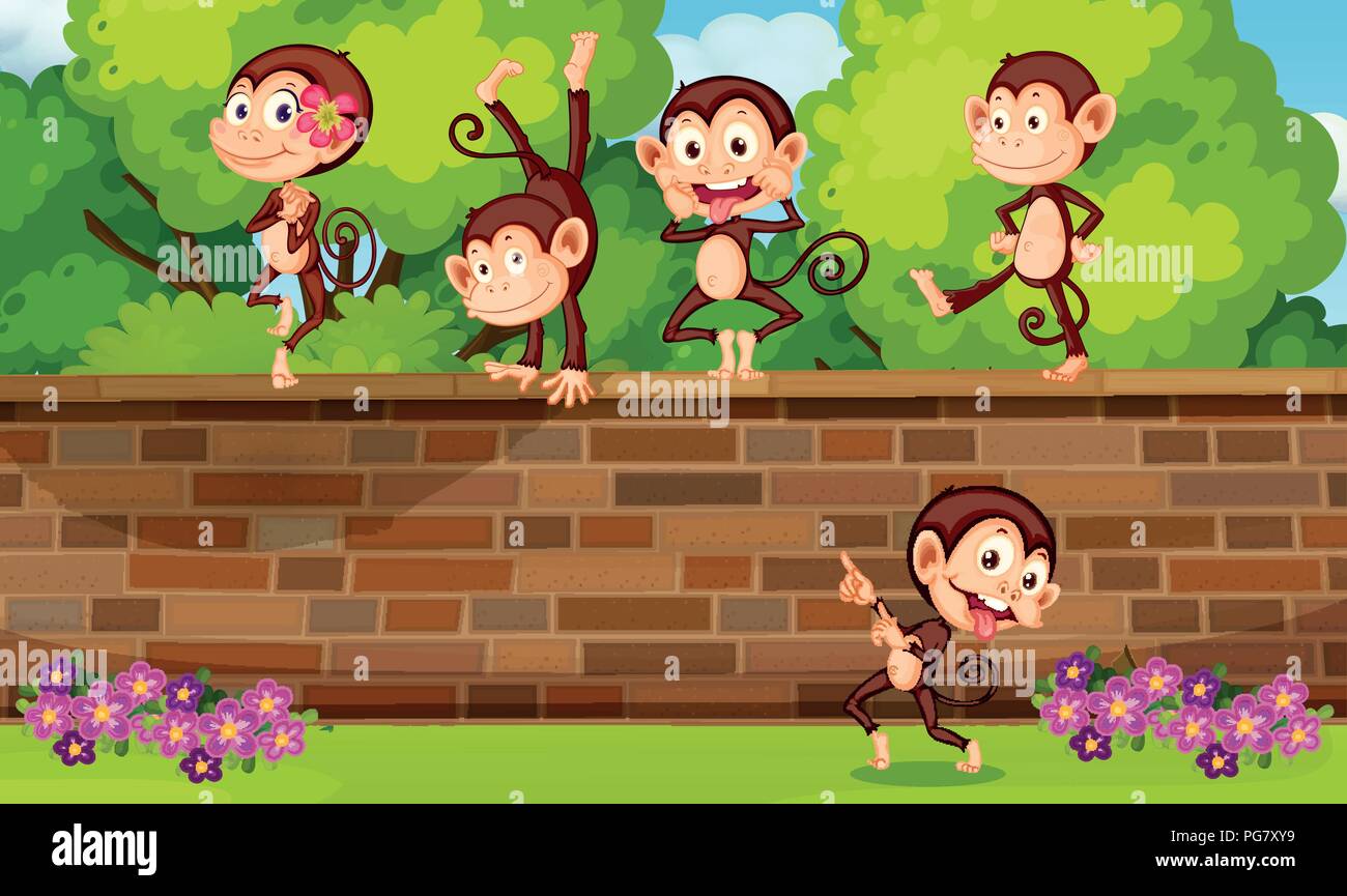 A group monkey playing at brick wall illustration Stock Vector Image ...