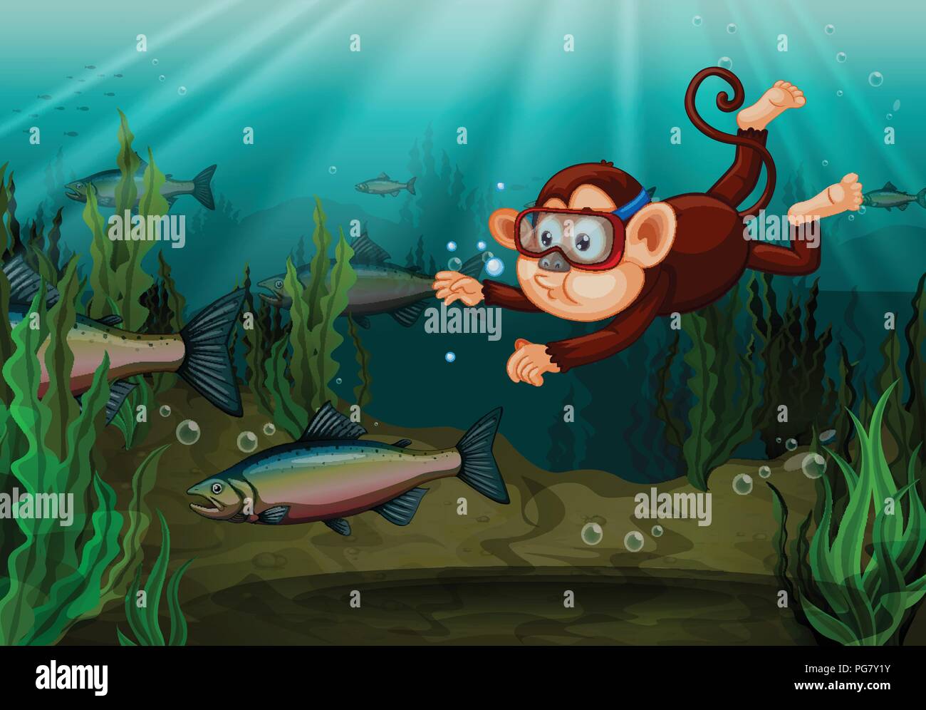A monkey catching fish in the river illustration Stock Vector