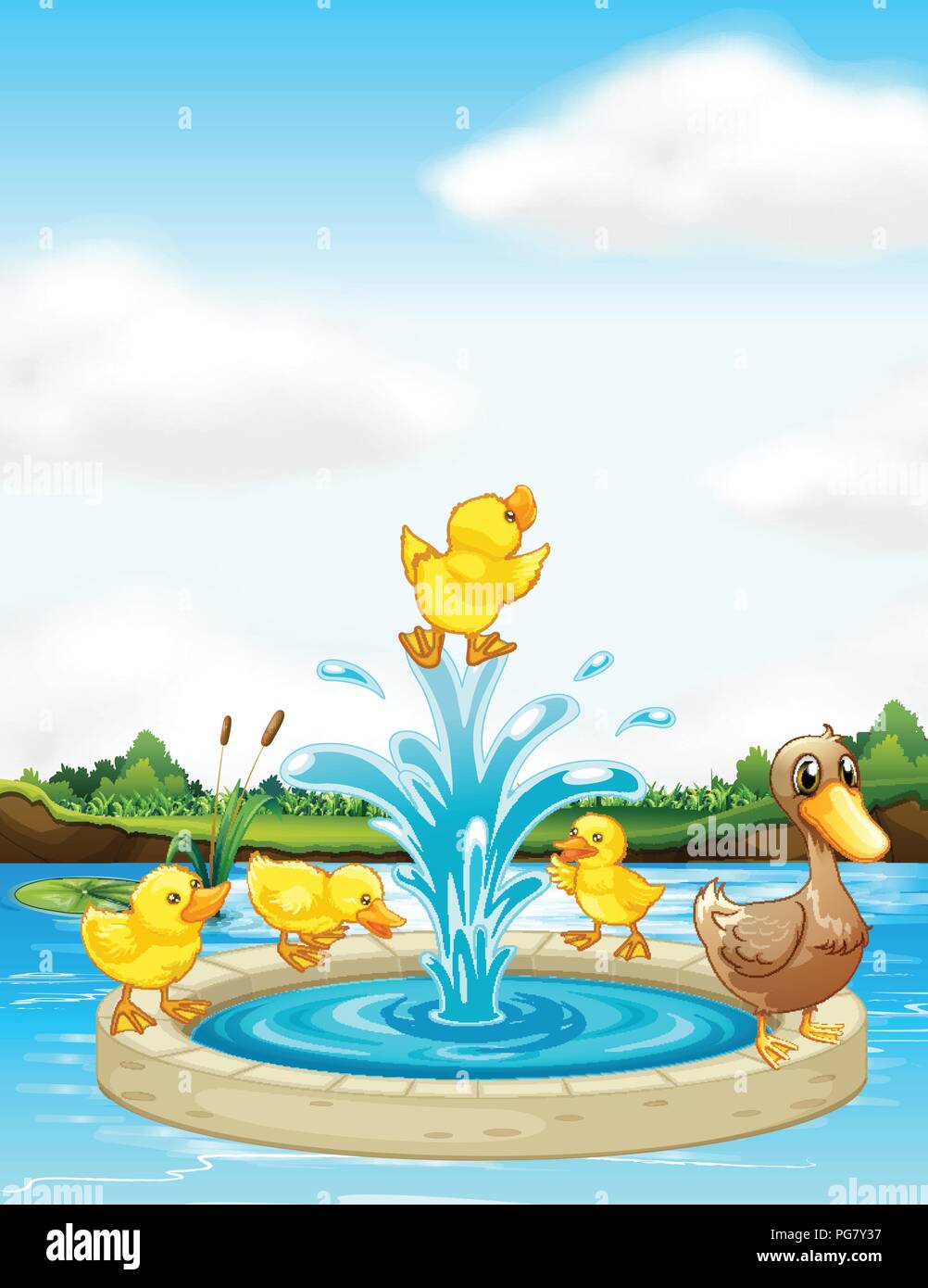 A duck family at the fountain illustration Stock Vector
