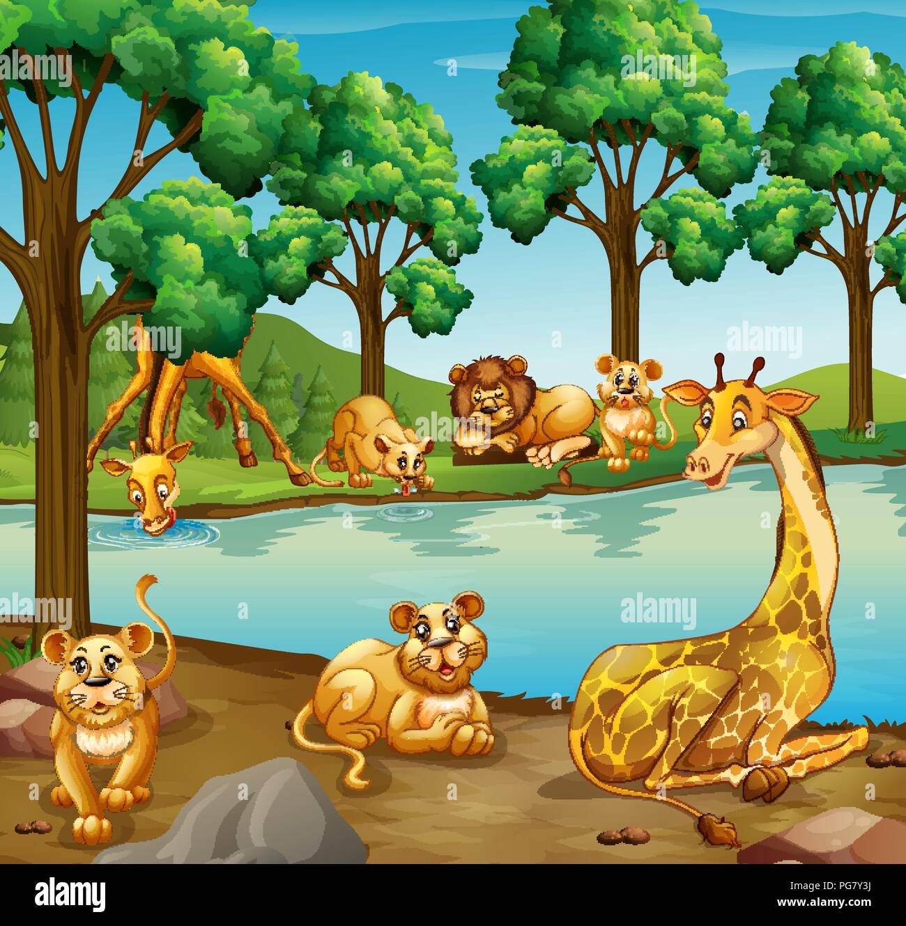 Giraffe and lion in the forest illustration Stock Vector Image & Art ...