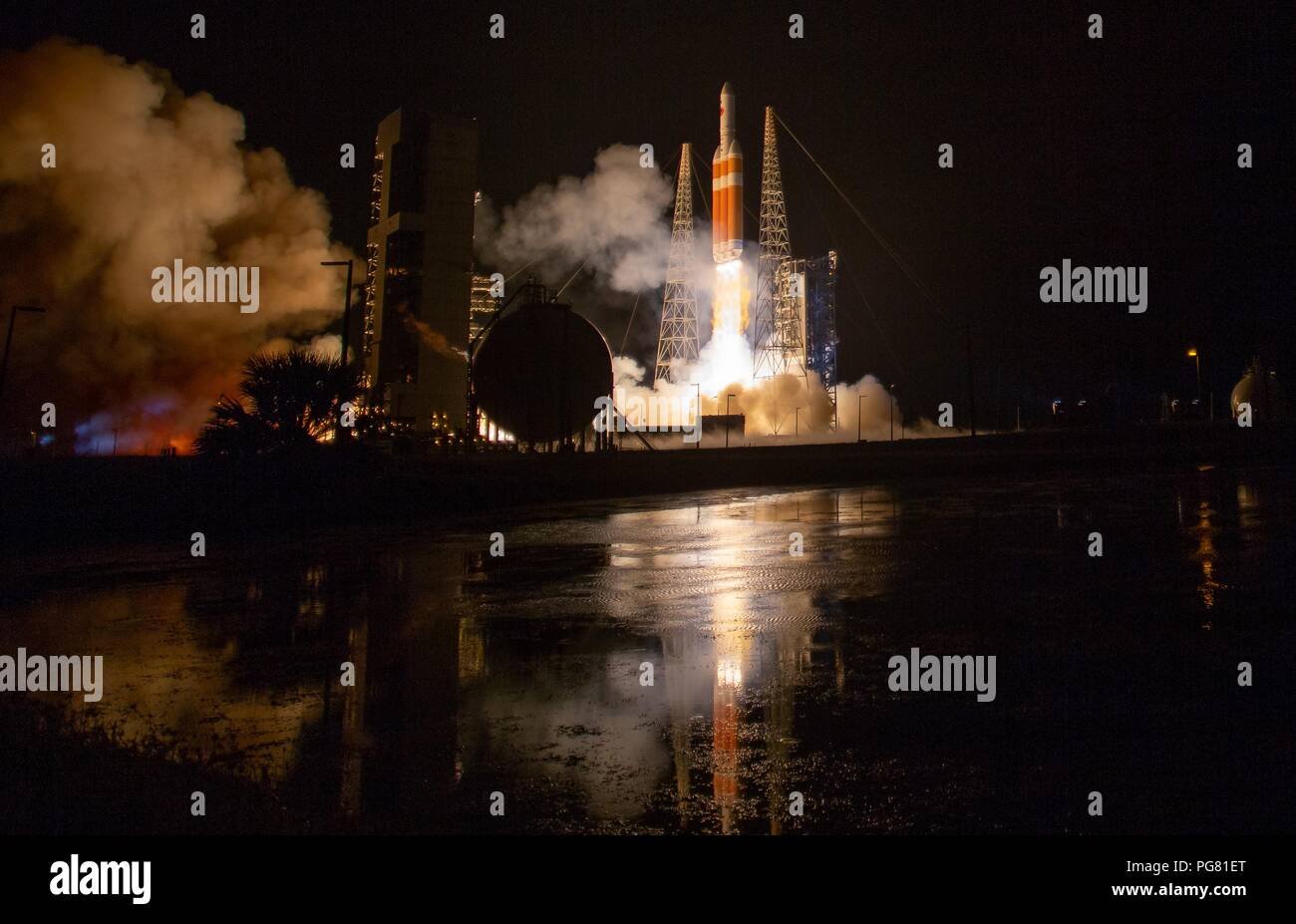 The United Launch Alliance Delta IV heavy rocket carrying the NASA Parker Solar Probe blasts off from Launch Complex 37 at the Cape Canaveral Air Force Station August 12, 2018 in Cape Canaveral, Florida. The Parker Solar Probe is the first-ever mission into a part of the Sun’s atmosphere called the corona. Stock Photo