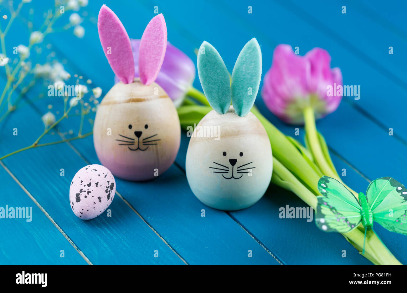 Two painted Easter eggs with rabbit ears Stock Photo