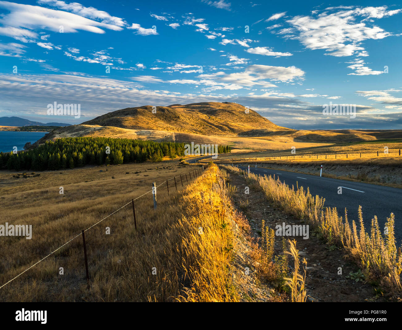 New Zealand, South Island, Canterbury Region, sunset near Lake Tekapo Stock Photo