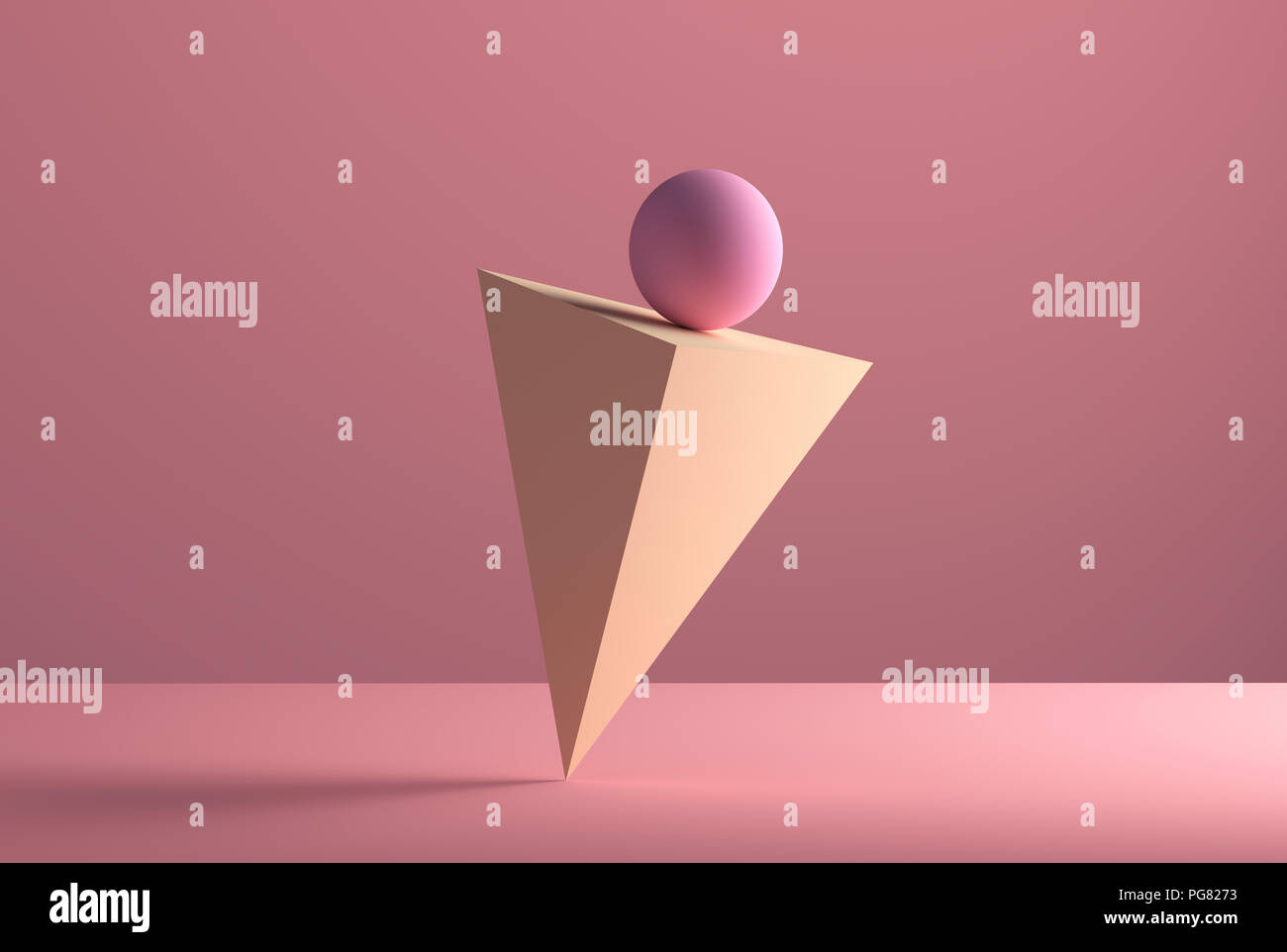 Sphere balancing on the edge of a pyramid, 3D Rendering Stock Photo