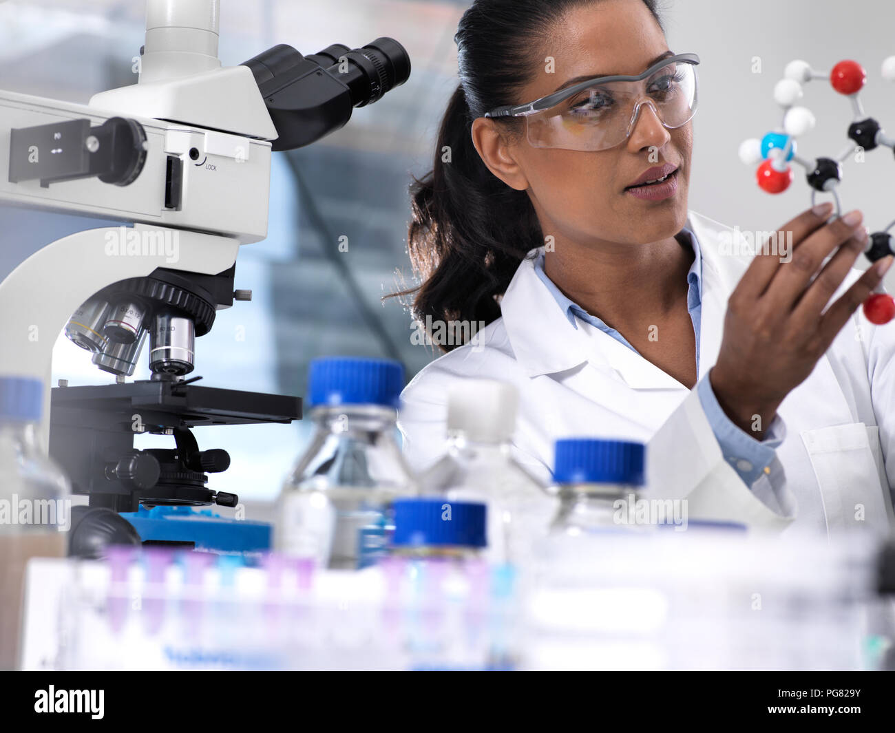 Biotechnology Research, female scientist examining a chemical formula using a ball and stick molecular model in the laboratory Stock Photo