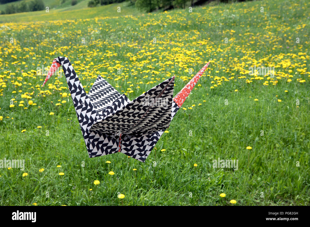 Origami crane flying over meadow Stock Photo