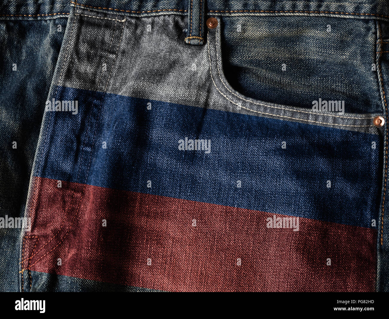 Russia flag On Jeans Denim Texture with pride word. The concept of