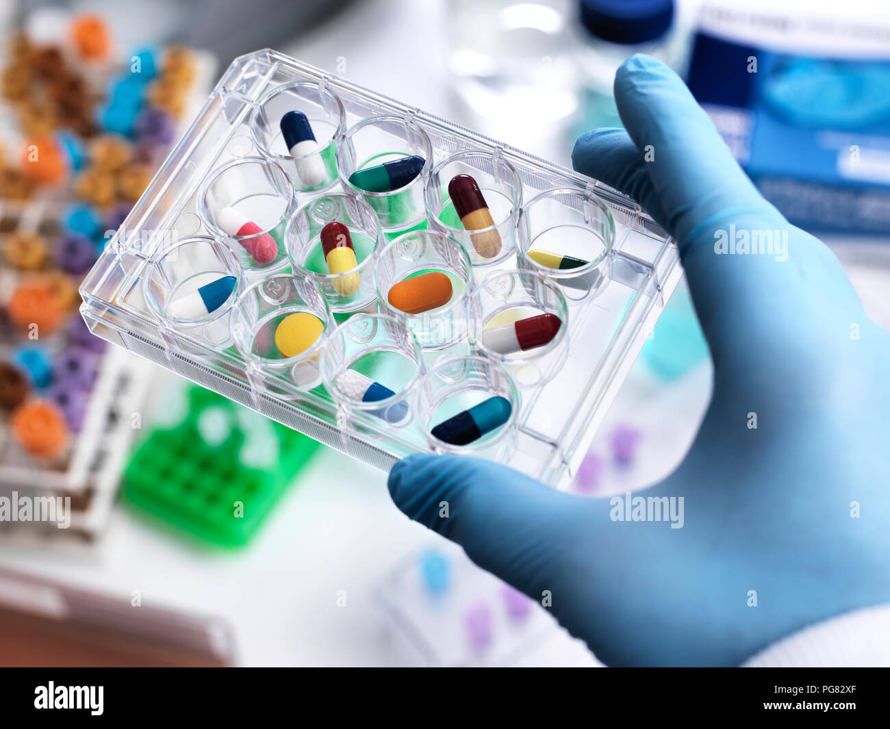 Pharmaceutical Research, Scientist holding a multi well plate containing drugs to be tested in the laboratory Stock Photo