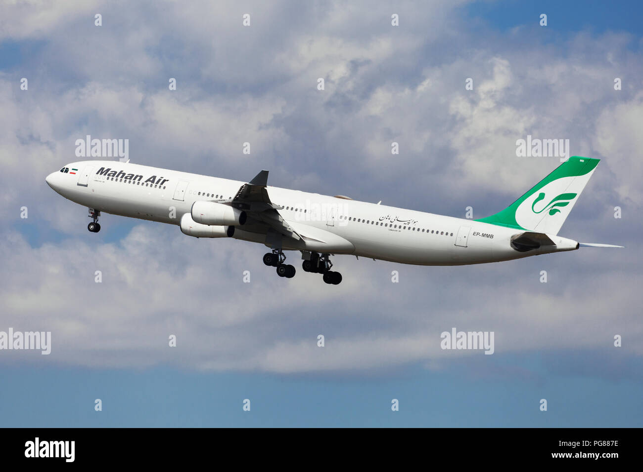 Barcelona, Spain - August 15, 2018: Mahan Air Airbus A340-300 taking off from El Prat Airport in Barcelona, Spain. Stock Photo