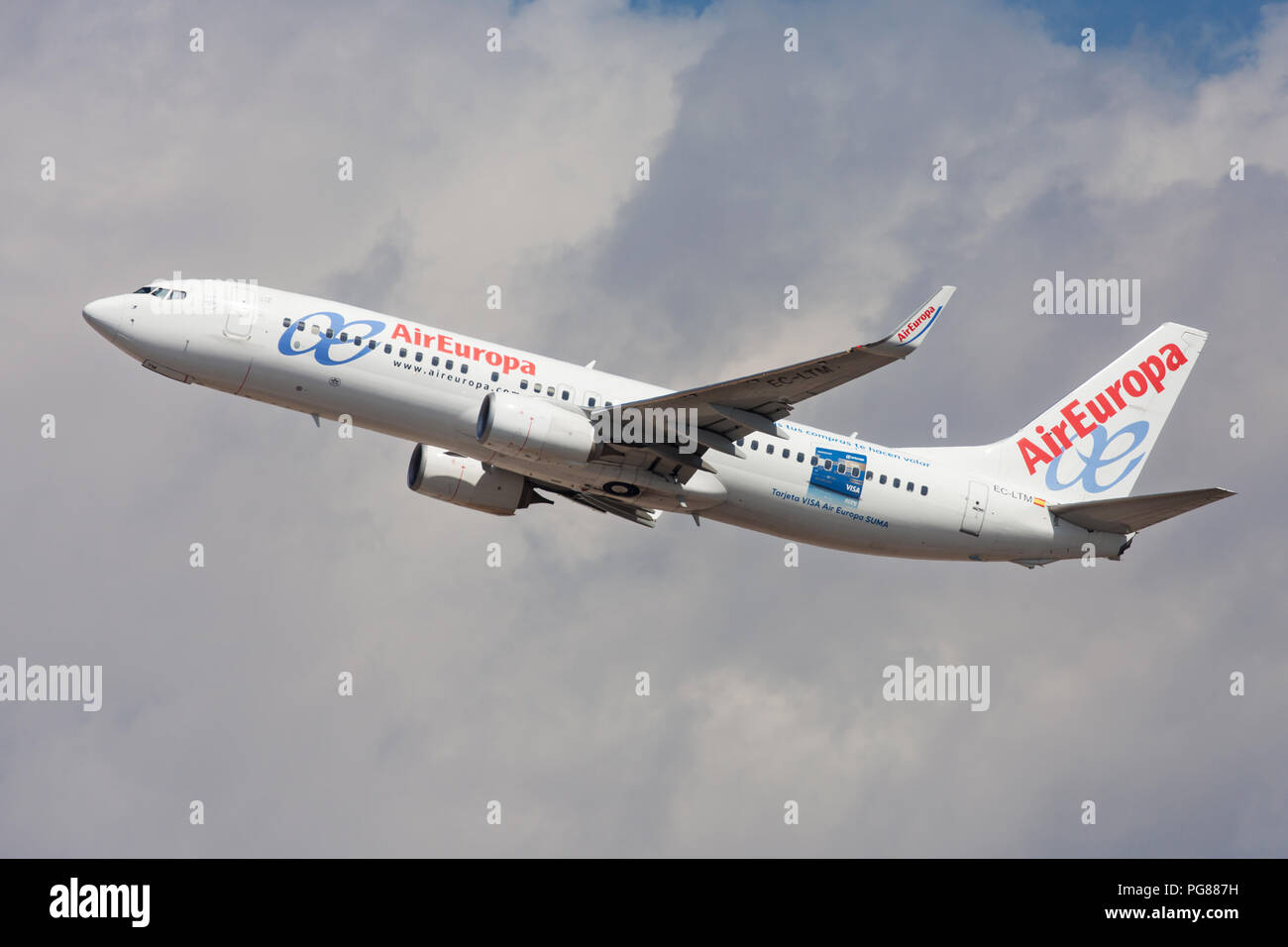 Barcelona, Spain - August 15, 2018: Air Europa Boeing 737 with Visa promotional livery taking off from El Prat Airport in Barcelona, Spain. Stock Photo